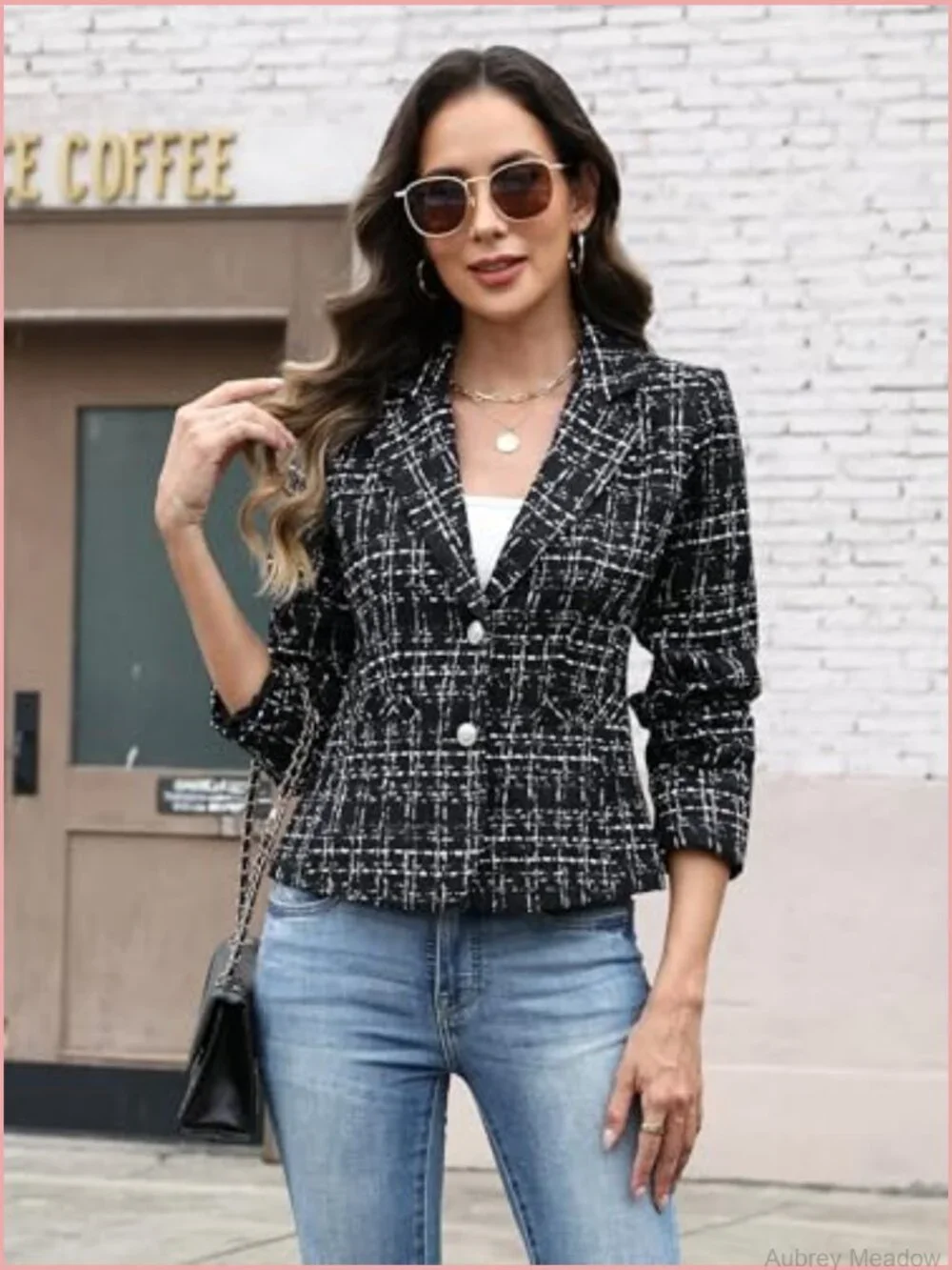 Slim Fit Tweed Blazer, Long Sleeve 2 Button Suit Jacket for Women